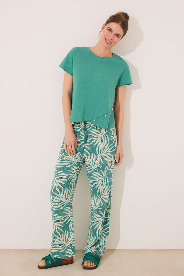 Womensecret Pantalón de viscosa con estampado de hojas verdes estampado