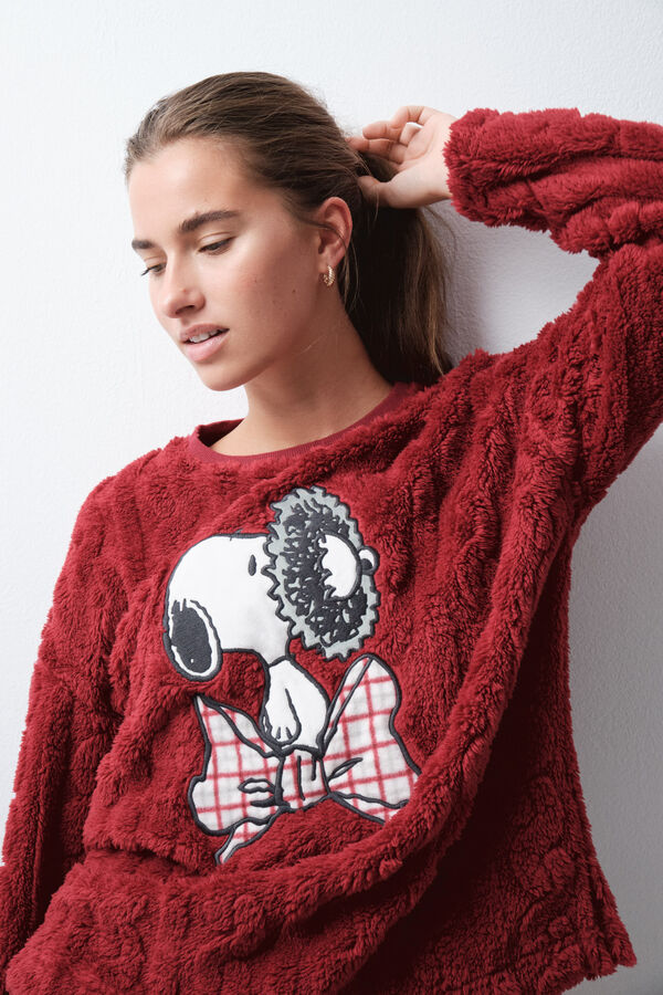 Women'secret Pijama larga de cuadros Snoopy polar p&uacute;rpura
