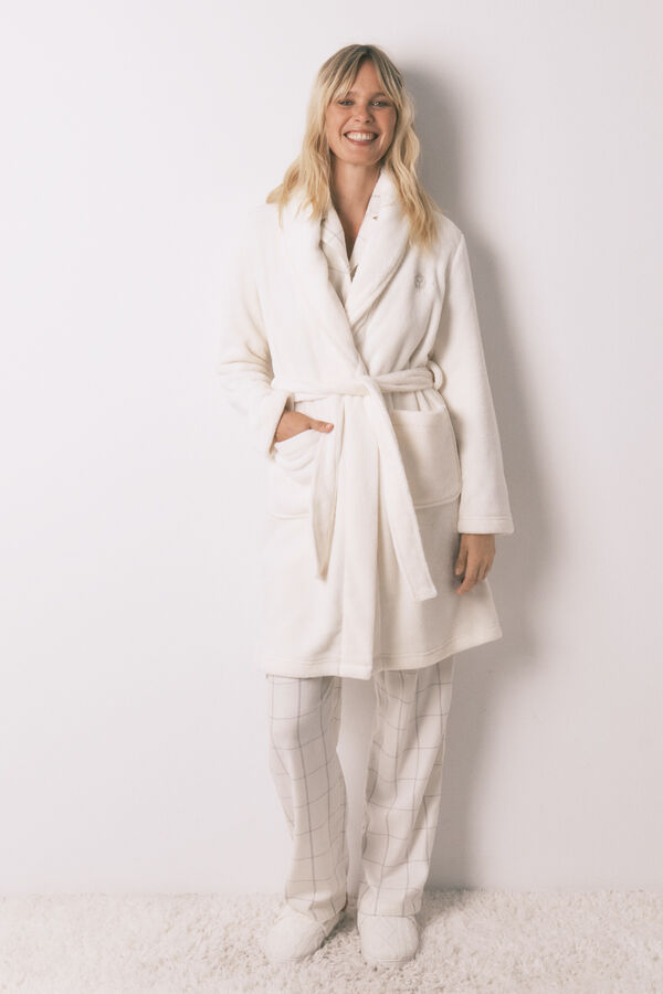 Women'secret Bata midi de forro polar blanco marfil