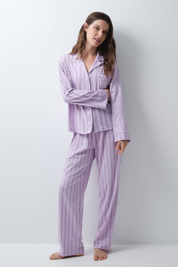 Women'secret Pijama larga camisera de rayas lila estampado