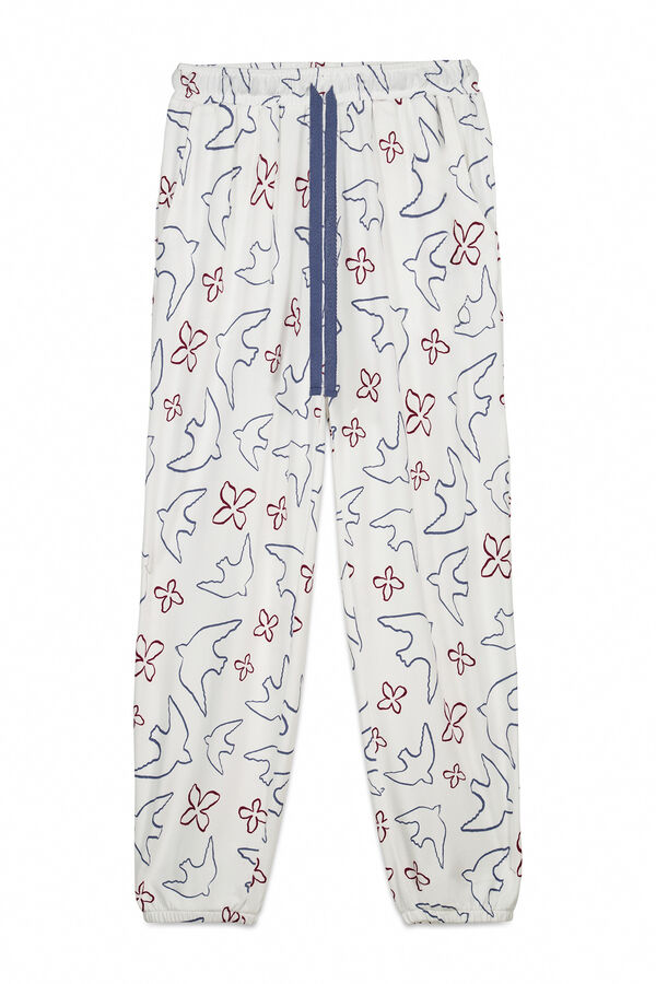 Women'secret Pantal&oacute;n largo estampado de p&aacute;jaros blanco blanco
