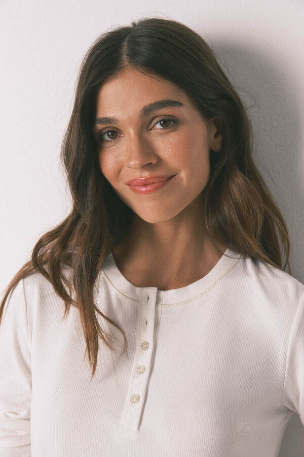 Women'secret Playera de viscosa blanca brillante de manga larga marfil