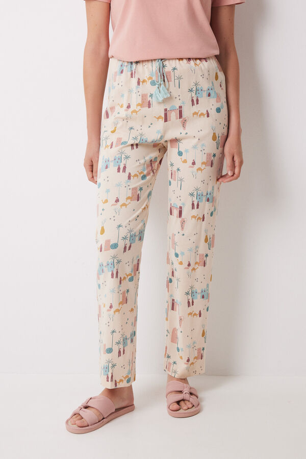 Womensecret Pantalón largo 100% algodón marfil estampado