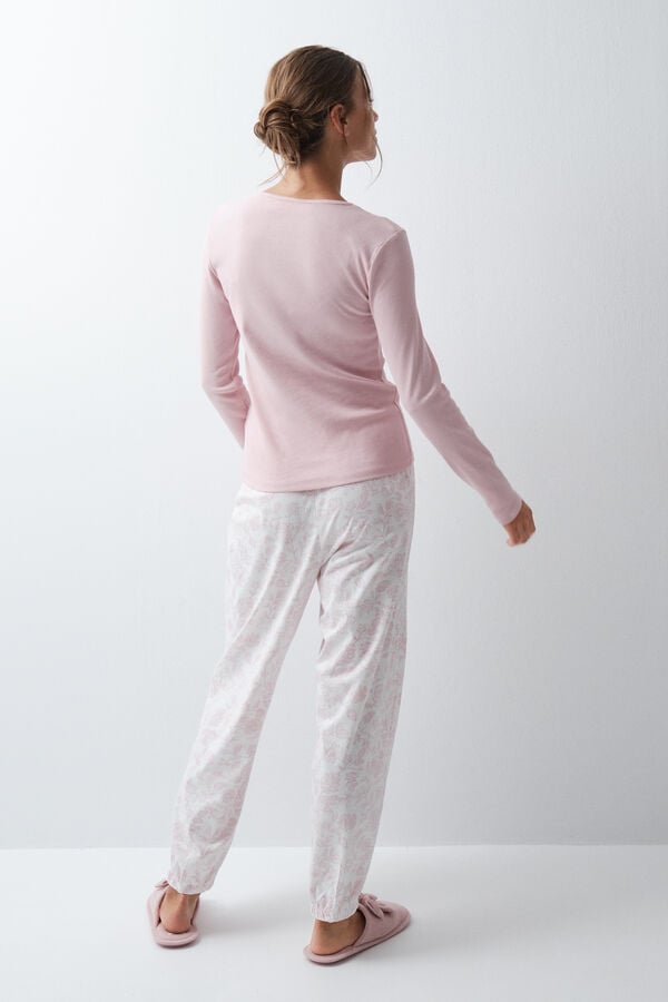 Women'secret Pijama larga de algod&oacute;n con estampado floral rosa rosa