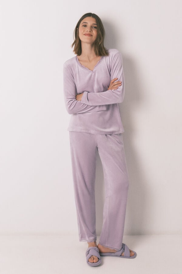Womensecret Pijama larga de terciopelo lila rosa