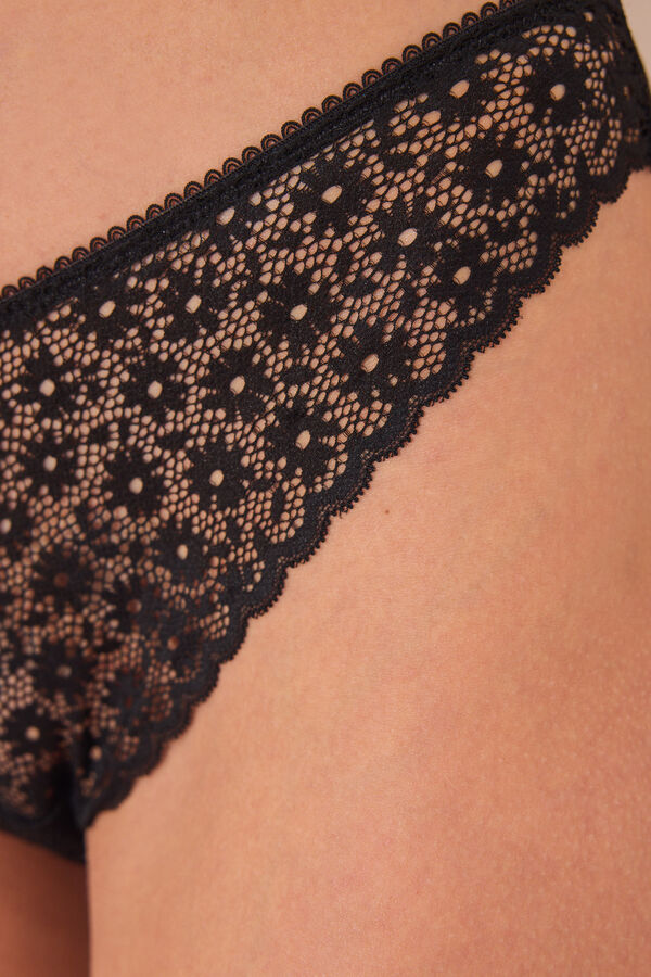 Womensecret Panty clásica de encaje de flores negro negro