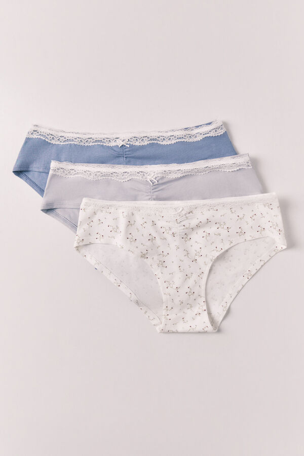 Women'secret Pack de 3 panties anchos de algod&oacute;n con encaje de flores estampado