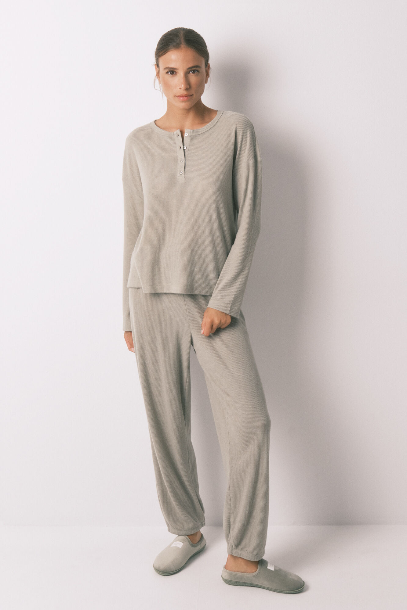 Women'secret Pijama larga textura waffle verde