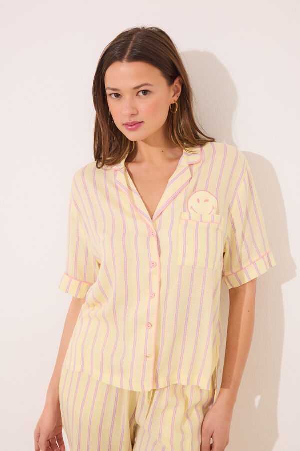 Womensecret Pijama camisera de satén con rayas sonrientes  amarillo