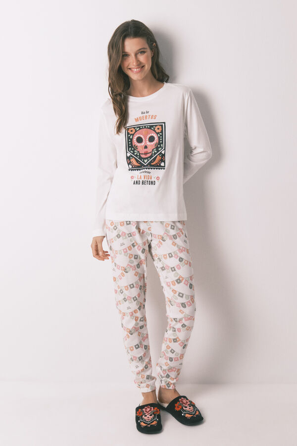 Women'secret Pijama larga"D&iacute;a de Muertos" 100% algod&oacute;n, color marfil blanco