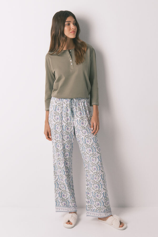 Women'secret Pantalón largo de viscosa con estampado de flores verde
