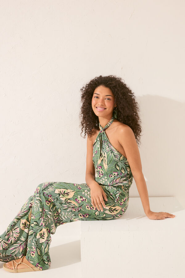 Womensecret Jumpsuit largo escote halter print tropical verde