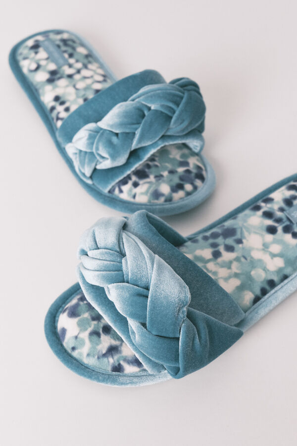 Women'secret Pantuflas para casa de casa abiertas de terciopelo verde verde