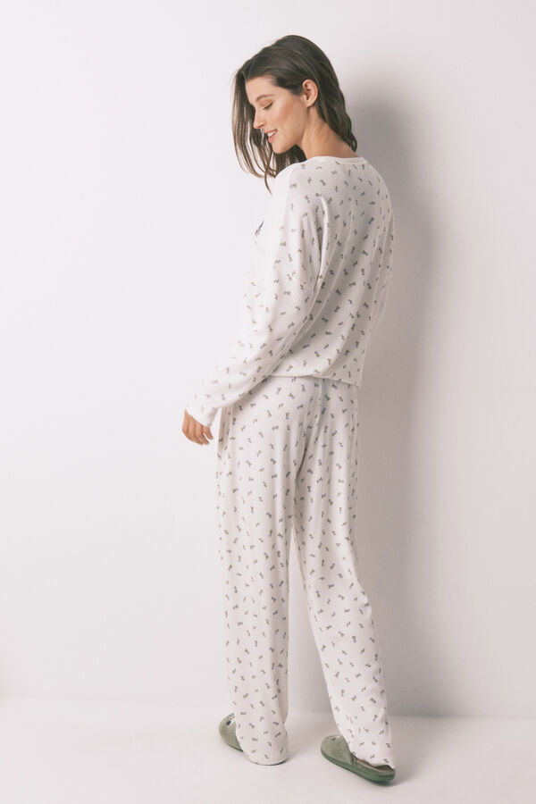 Women'secret Pijama larga de canalé 100% algodón Mafalda  marfil