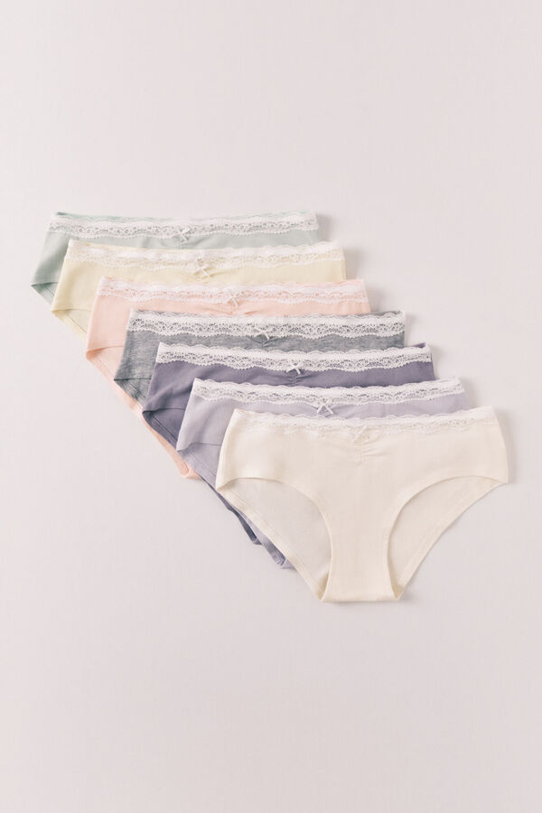 Women'secret Pack de 7 panties anchas de algod&oacute;n lisas con encaje blanco