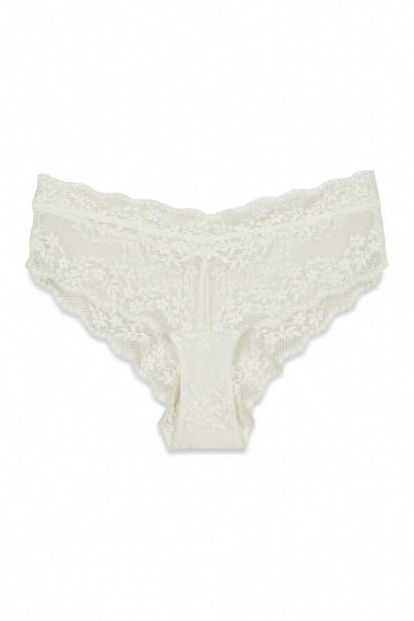 Women'secret Panty brasile&ntilde;o ancho de encaje blanco caf&eacute;