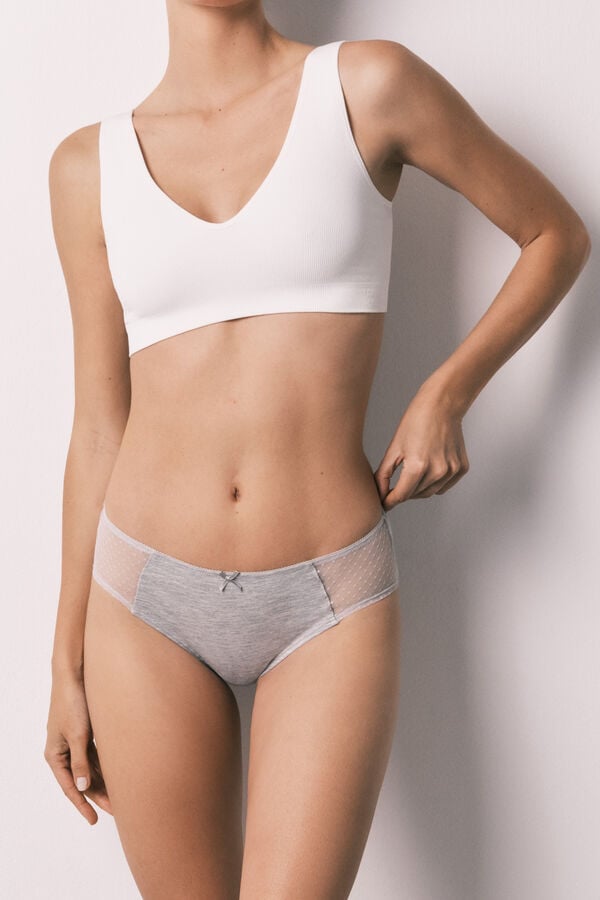 Women'secret Panty ancho de algod&oacute;n y plumet&iacute; gris gris