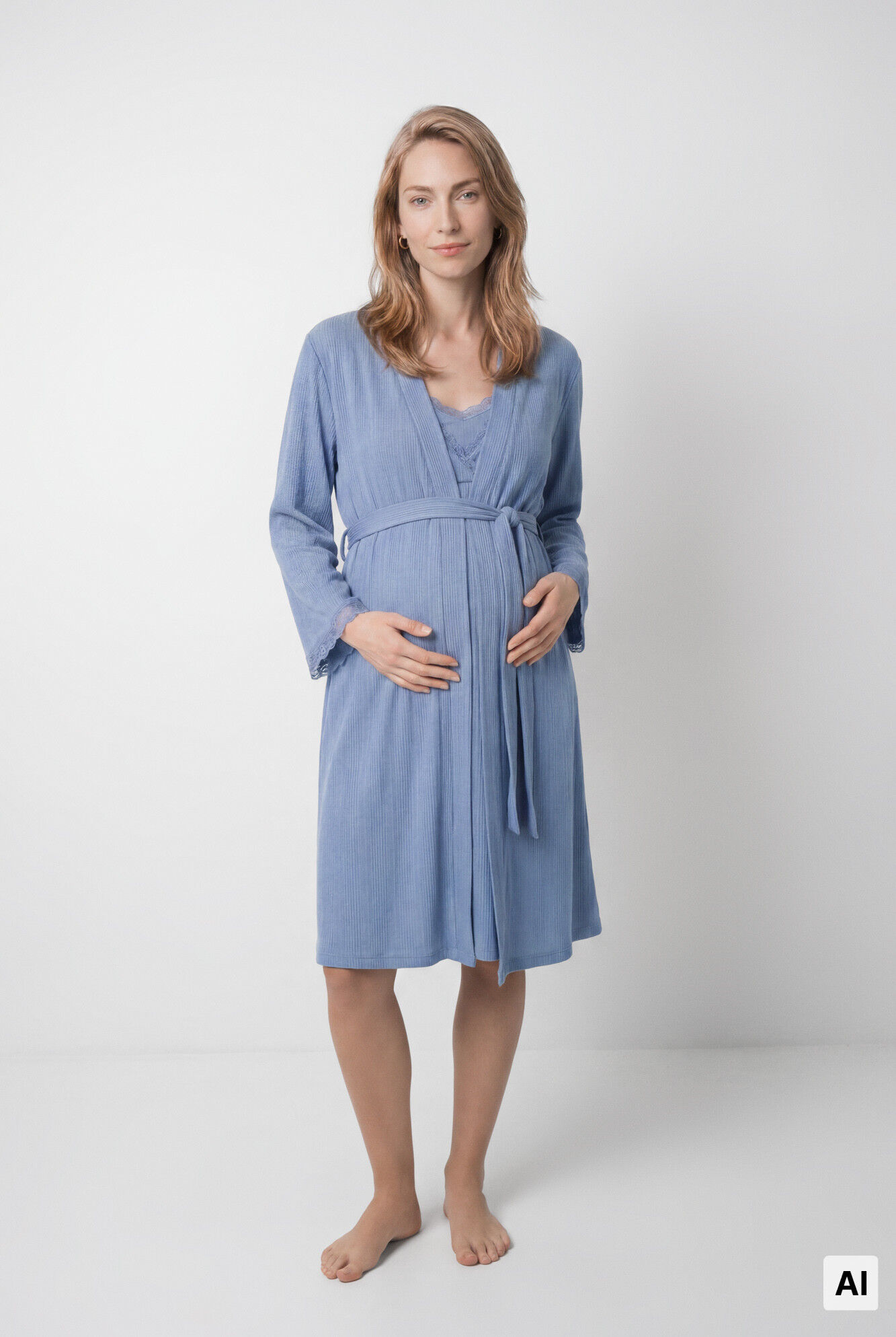 Women'secret Bata midi con cintur&oacute;n azul de encaje en las mangas