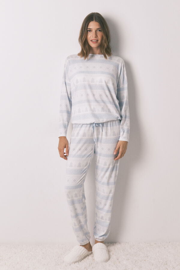 Women'secret Pijama larga de punto tejido suave con bordes azules estampado