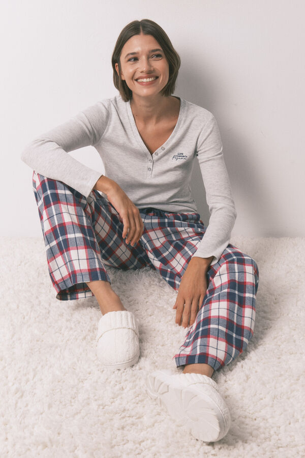 Women'secret Pantal&oacute;n largo 100% algod&oacute;n franela cuadros azul estampado