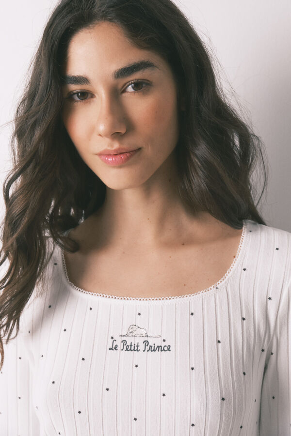 Women'secret Pijama larga de canal&eacute; estampado de estrellas blanca marfil