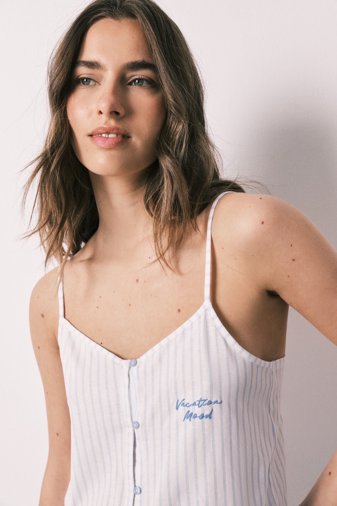 Women'secret Pijama corta de tirantes de algod&oacute;n con volante azul