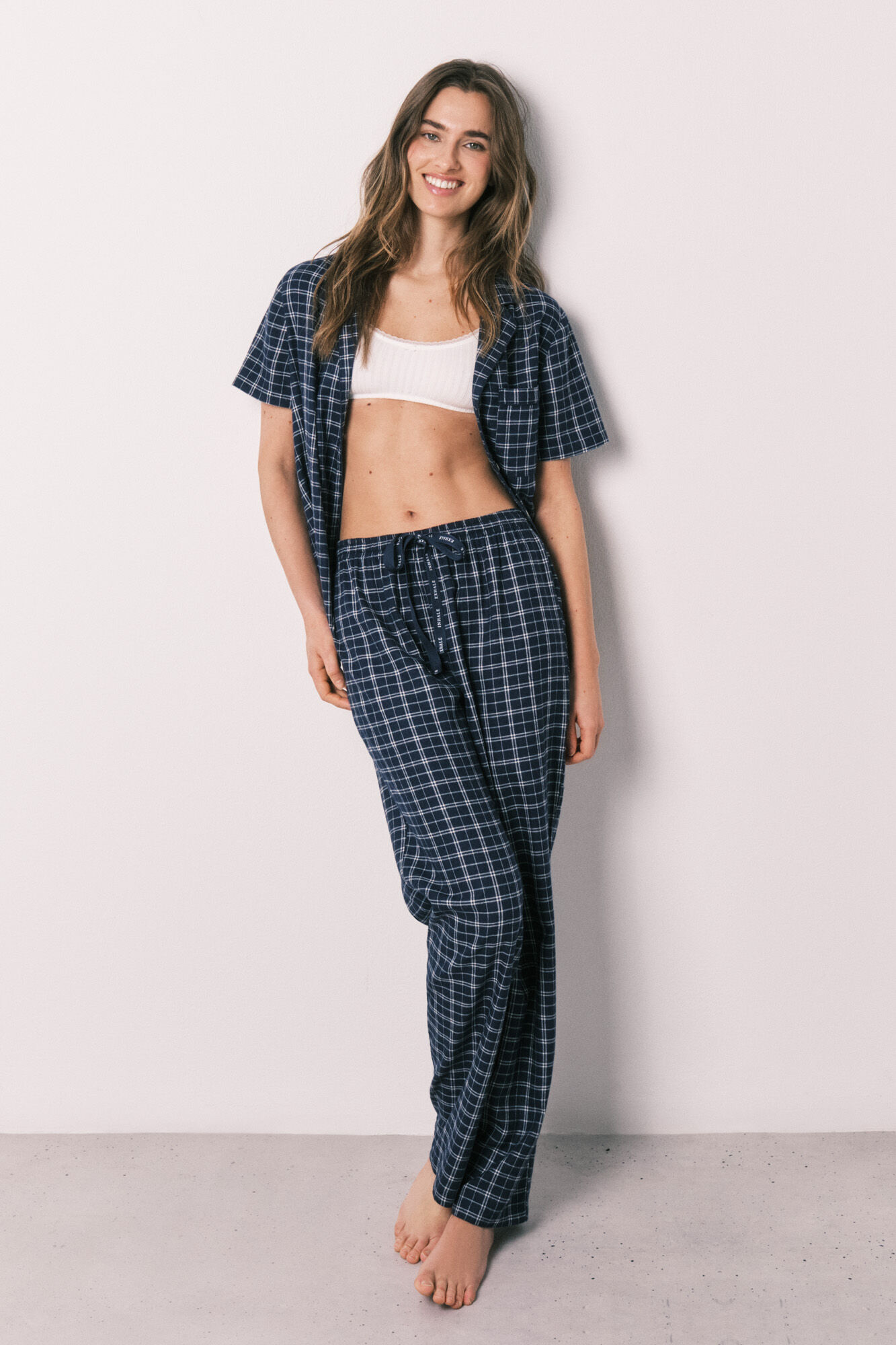 Women'secret Pijama camisera a cuadros de algod&oacute;n azul