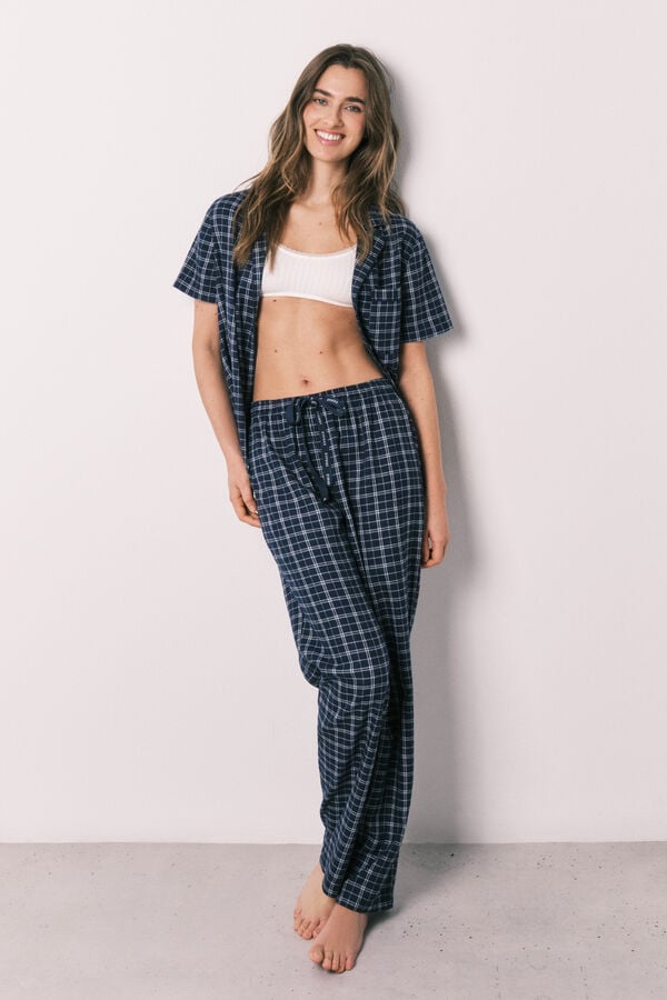 Women'secret Pijama camisera a cuadros de algod&oacute;n azul estampado