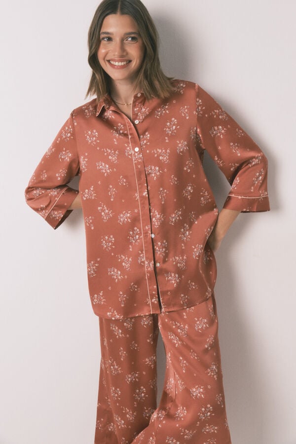 Womensecret Pijama camisera largo de satén naranja rosa
