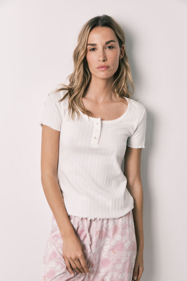 Women'secret Pijama larga de manga corta de algod&oacute;n blanco marfil