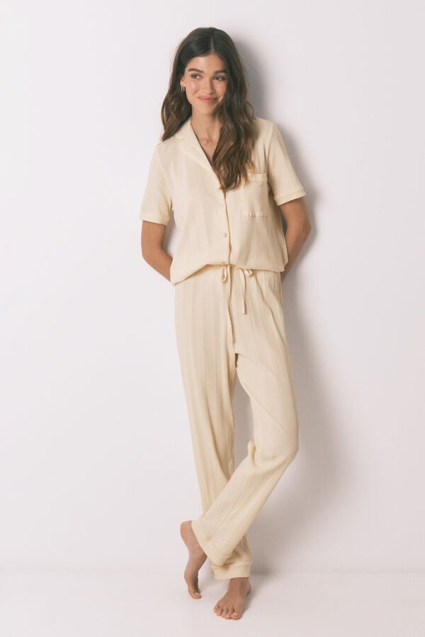 Women'secret Pijama camisera acanalada de algod&oacute;n amarilla marfil