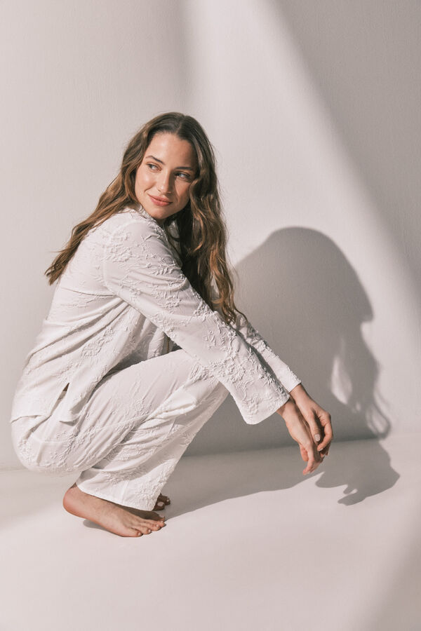 Women'secret Pijama larga camisero sat&eacute;n blanco marfil