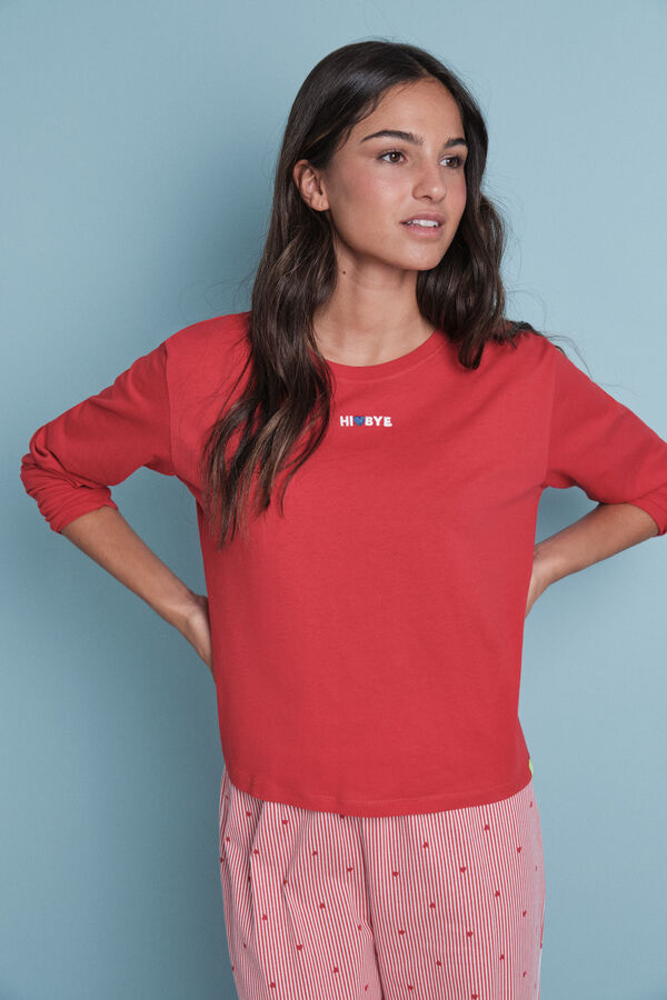 HI&BYE Pijama larga 100% algodón pijama rayas rojas  rojo