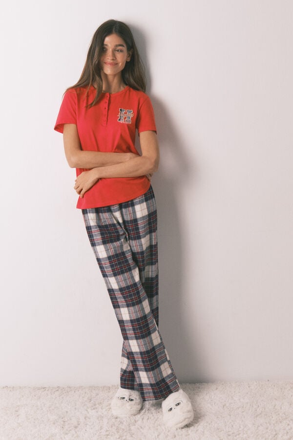 Women'secret Pijama larga 100% algodón estampado cuadros "Hogwarts" rojo