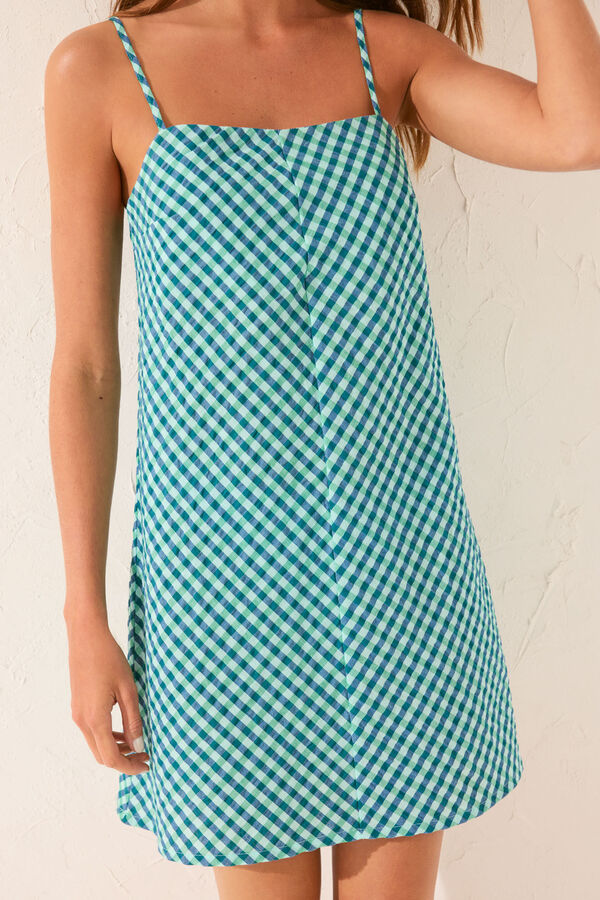 Womensecret Vestido corto de tirantes de cuadros vichy verdes estampado