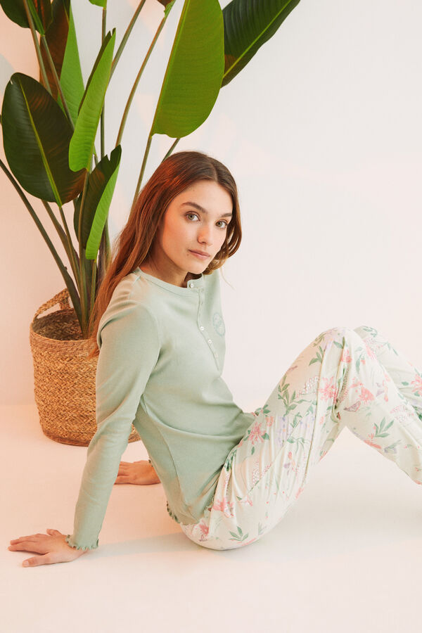 Womensecret Pijama 100% algodón verde flores verde