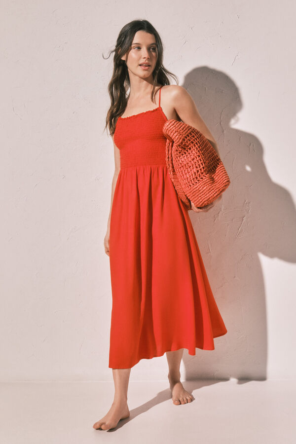 Women'secret Vestido largo de lino naranja coral