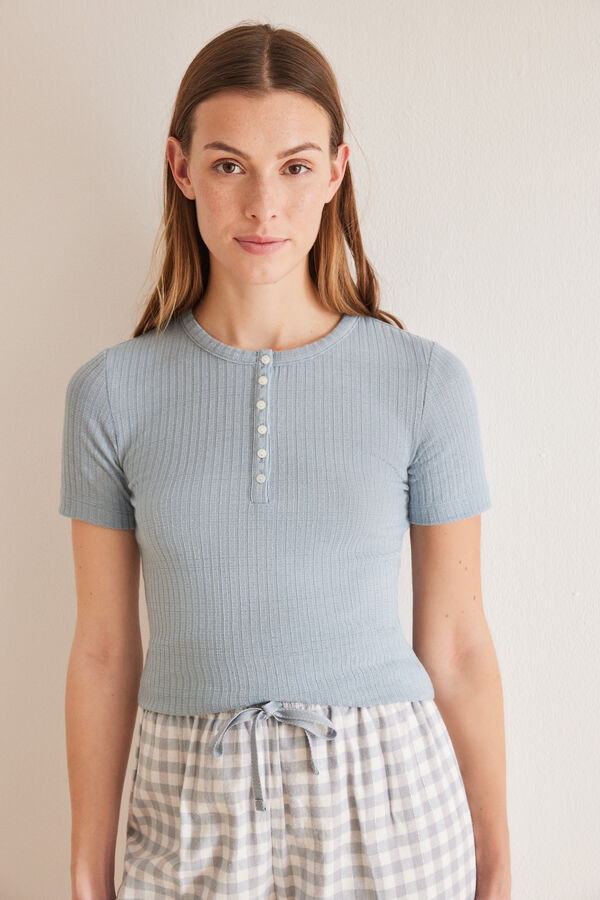 Womensecret Pijama lurex y pantalón largo cuadros azul