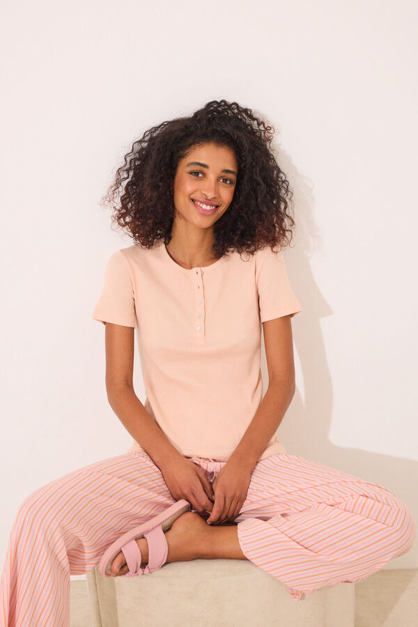 Womensecret Playera de manga corta de canalé de color naranja naranja