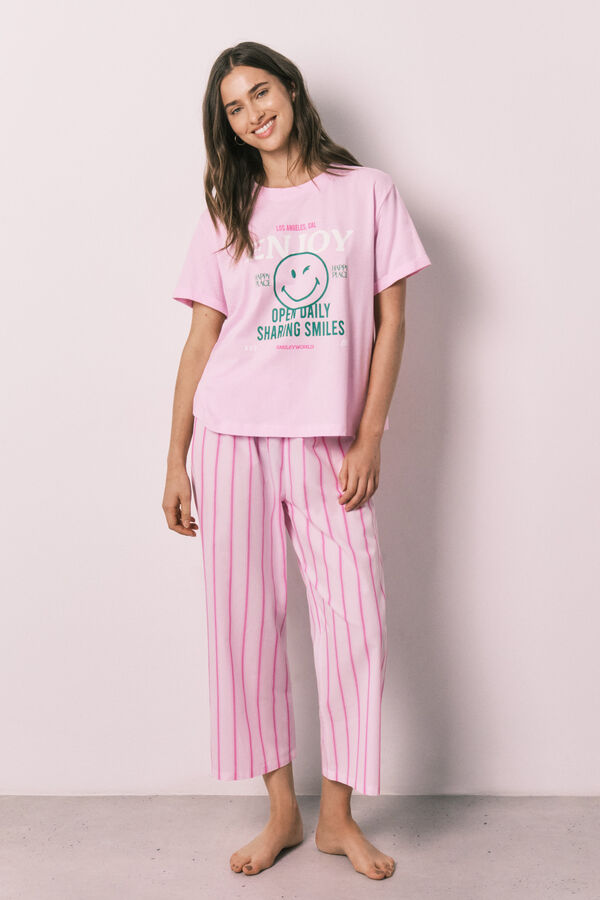Women'secret Pijama larga SmileyWorld&reg; de rayas rosa rosa