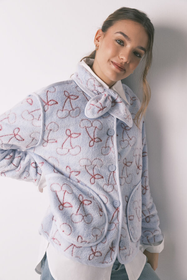 Women'secret Bata de polar con imitaci&oacute;n pelo Jacquard azul