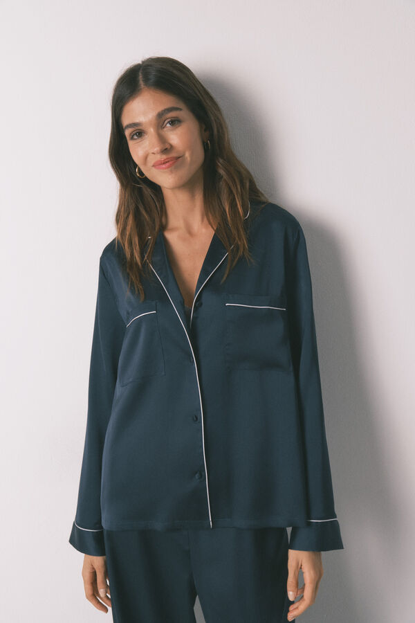 Women'secret Pijama camisera largo de satén azul azul