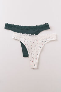 Women'secret Pack de 2 tangas de algodón verde con estampado blanco