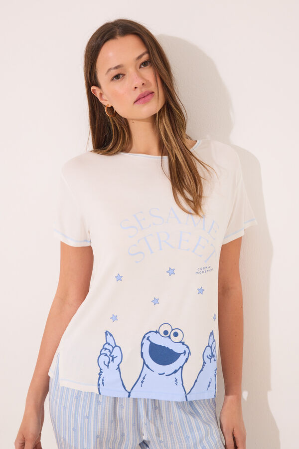 Womensecret Pijama de viscosa de soft touch de color azul "Barrio Sésamo"  azul