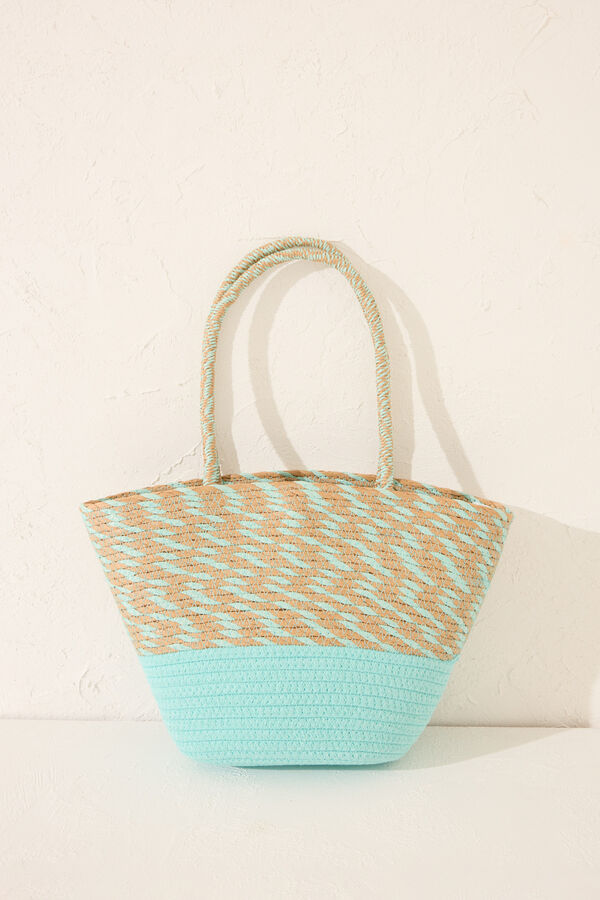 Womensecret Bolsa bolsa de playa de rafia verde, bolsa con logo verde