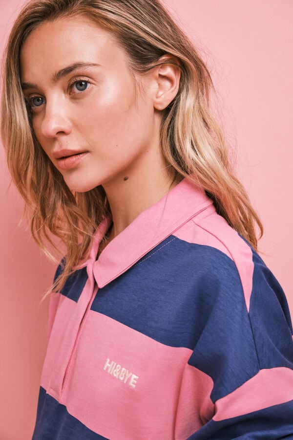 HI&BYE Sudadera polo de rayas rosa y azul estampado