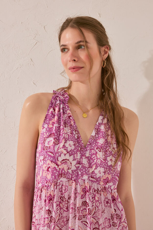 Womensecret Vestido largo de tirantes de viscosa con estampado morado/lila estampado