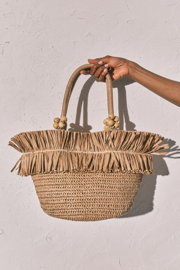 Women'secret Bolsa de playa mediana de rafia natural caf&eacute;