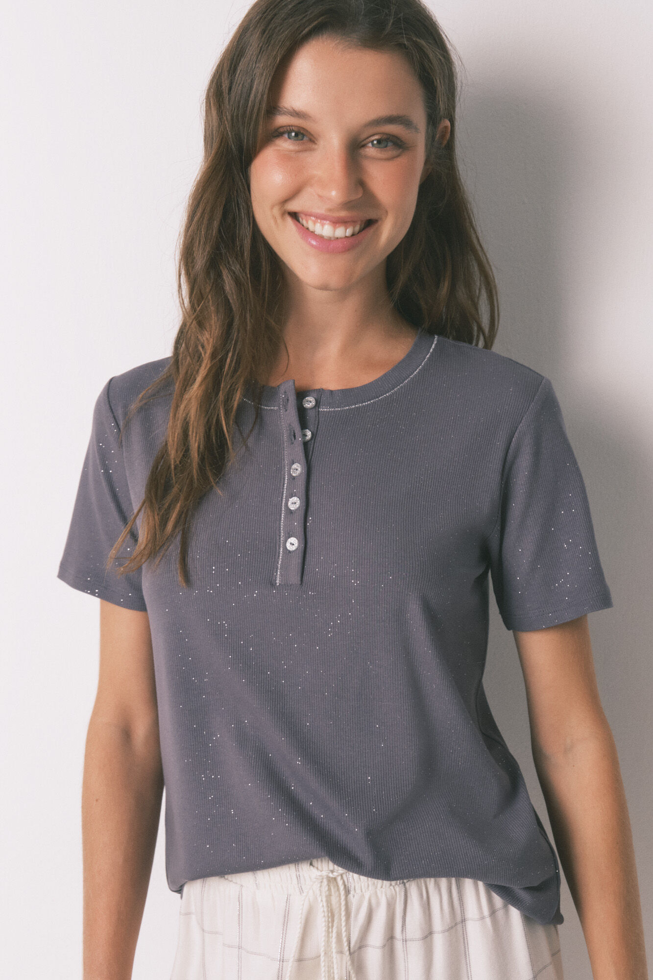 Women'secret Playera de viscosa gris brillante de manga corta