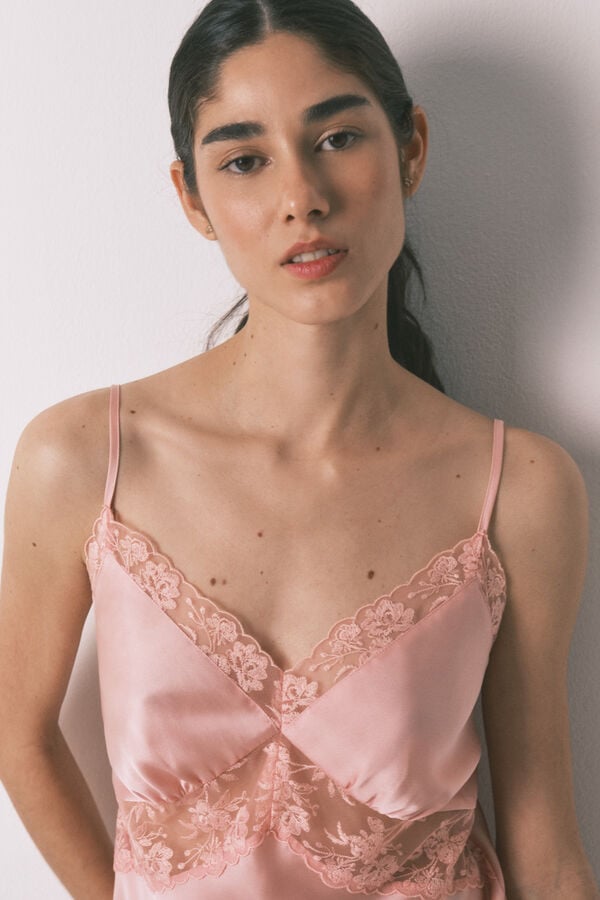 Women'secret Camisón midi satén y encaje rosa rosa
